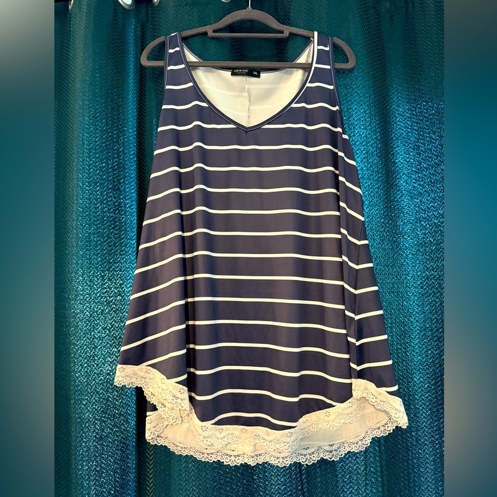 Navy Blue Striped Tank With White Lace Fringe! SHEIN Curve 2XL